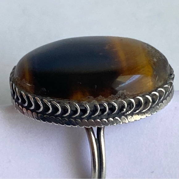 Vintage Tigers Eye Sterling Silver Ring Cocktail Oval Cabachon Stone Size 6 - Picture 6 of 13